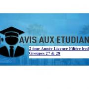 AVIS AUX ÉTUDIANTS 2 ANNÉE LICENCE FILIÈRE : HYDRAULIQUE 2ème